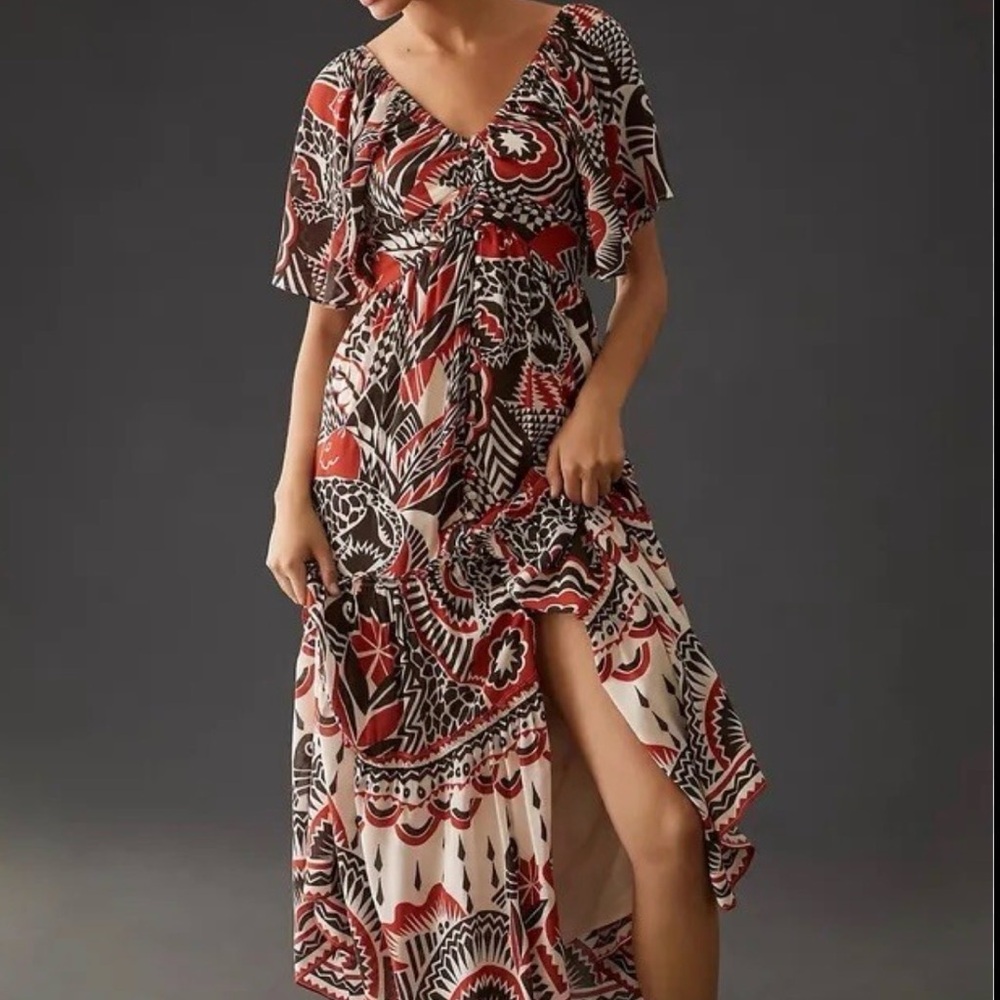 Elegant High-Low Dress with Red and Black Print